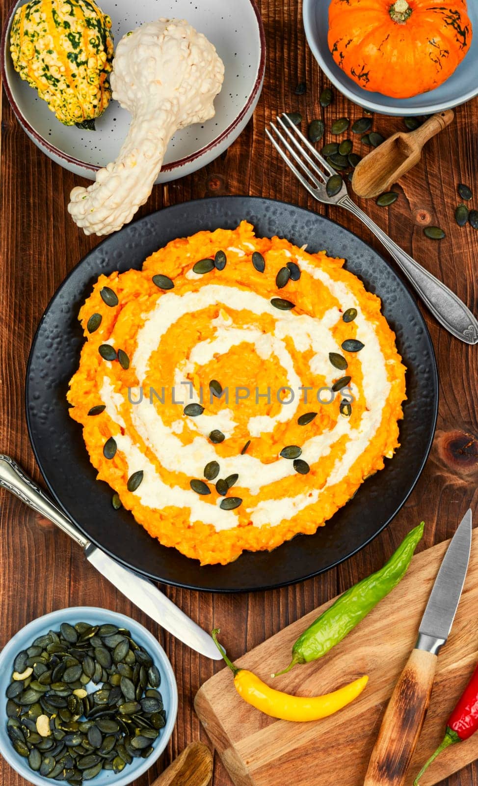 Autumn pumpkin risotto with parmesan cheese. Italian food. Top view