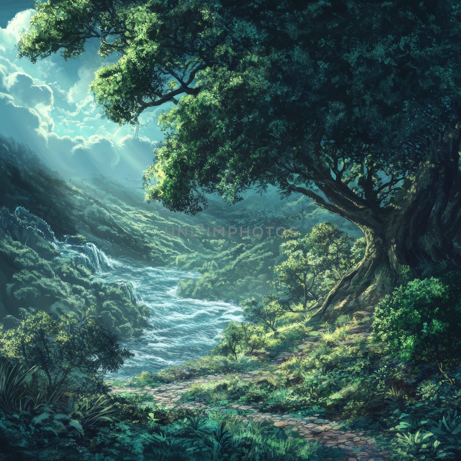 Enchanting river valley with lush greenery and a waterfall, bathed in soft, magical light through the trees.