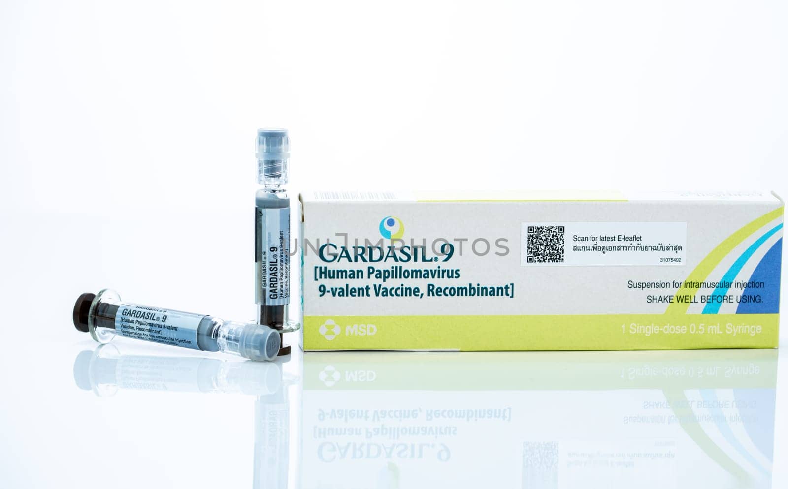 CHONBURI, THAILAND-SEPTEMBER 13, 2024: Gardasil 9 HPV vaccine packaging with prefilled syringe. MSD's 9-valent recombinant vaccine. Prevention of human papillomavirus. Sterile medical packaging.