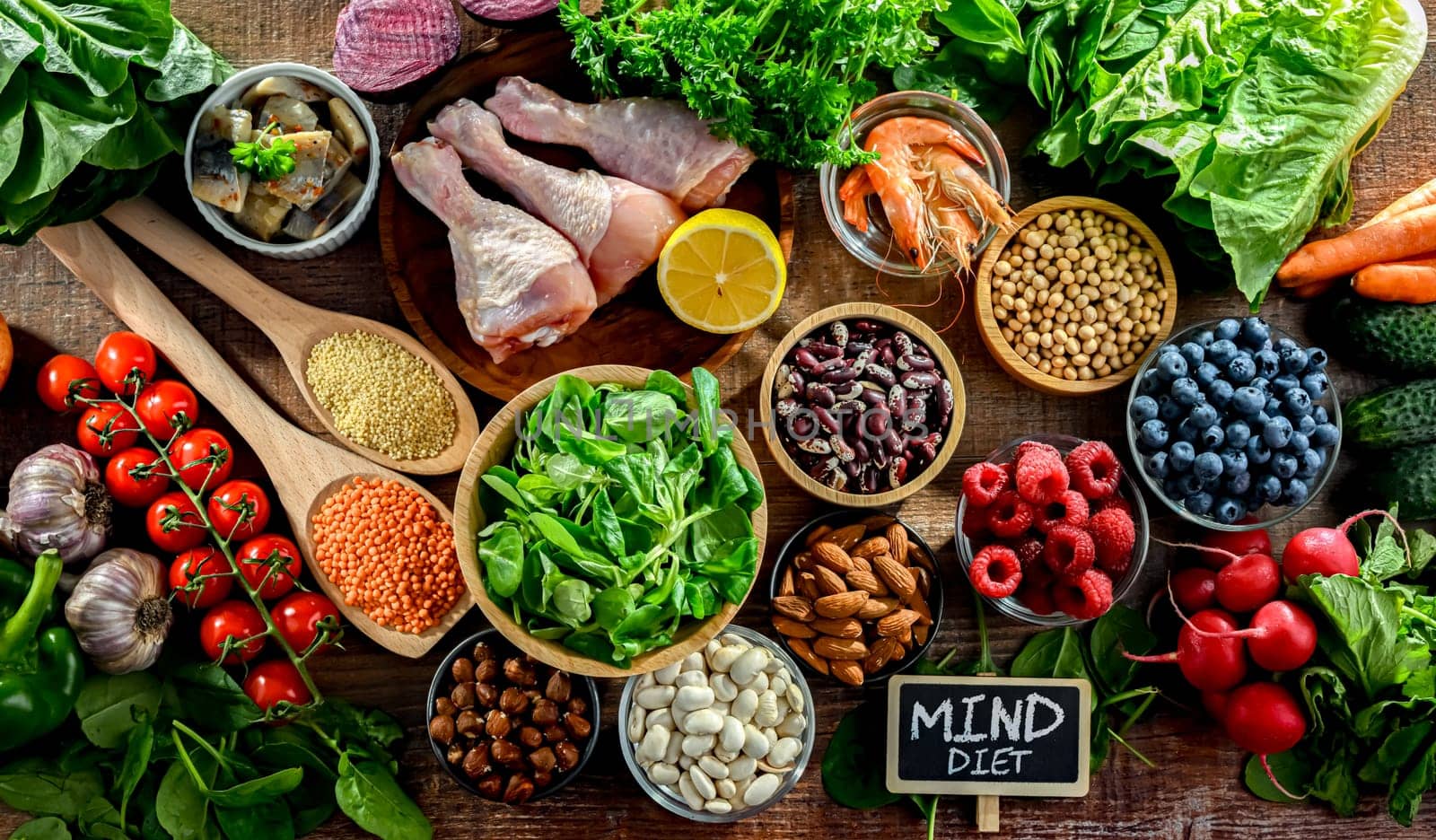 Food products representing the MIND diet created to reduce dementia and the decline in brain health. Mediterranean-DASH Intervention for Neurodegenerative Delay