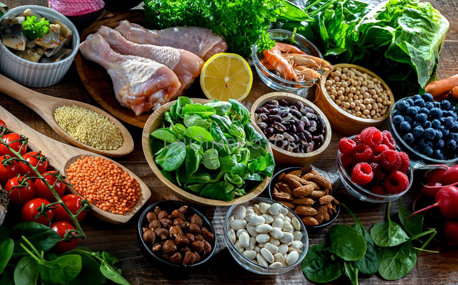 Food products representing the MIND diet created to reduce dementia and the decline in brain health. Mediterranean-DASH Intervention for Neurodegenerative Delay