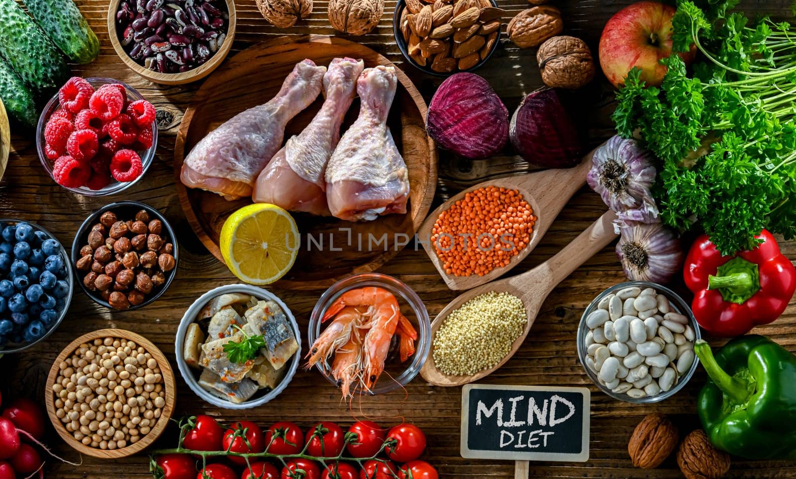 Food products representing the MIND diet created to reduce dementia and the decline in brain health. Mediterranean-DASH Intervention for Neurodegenerative Delay