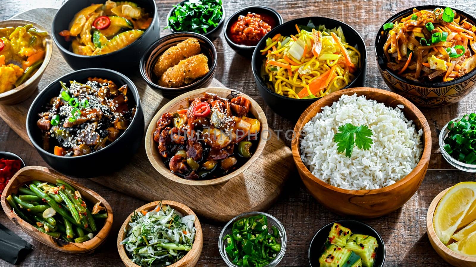 Composition with variety of east asian dishes.