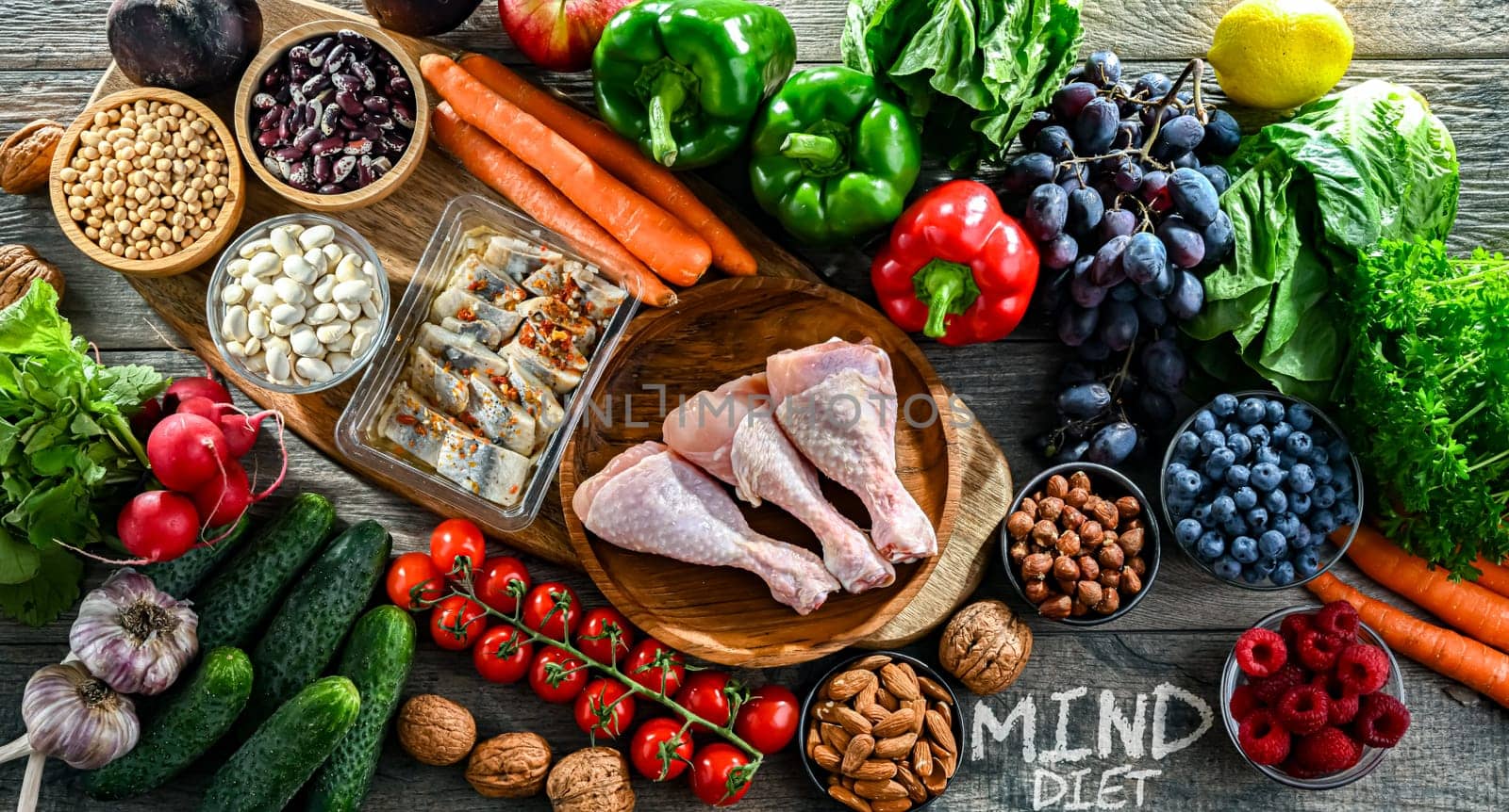 Food products representing the MIND diet created to reduce dementia and the decline in brain health. Mediterranean-DASH Intervention for Neurodegenerative Delay