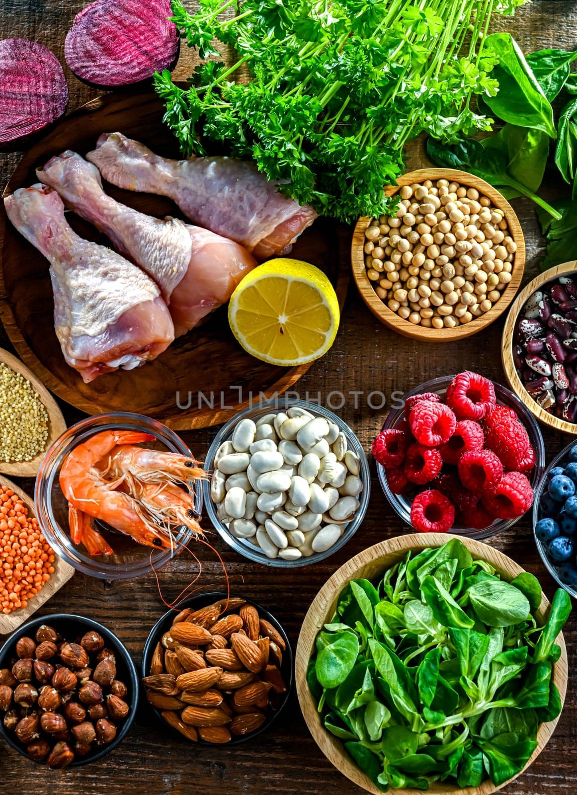 Food products representing the MIND diet created to reduce dementia and the decline in brain health. Mediterranean-DASH Intervention for Neurodegenerative Delay