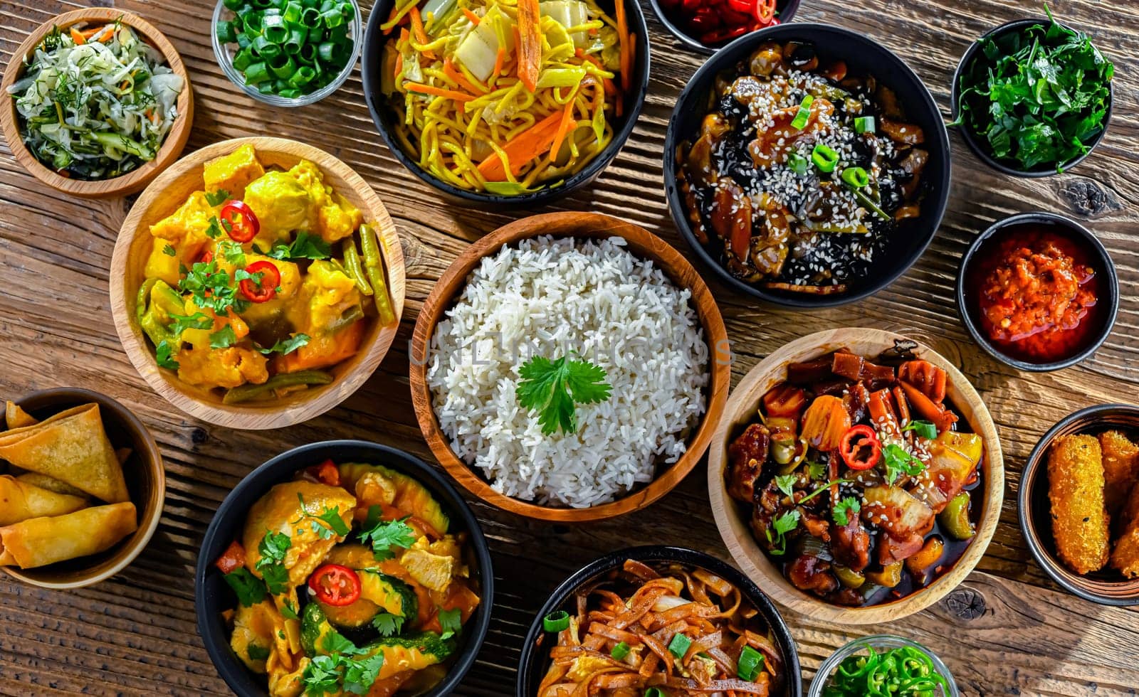 Composition with variety of east asian dishes.