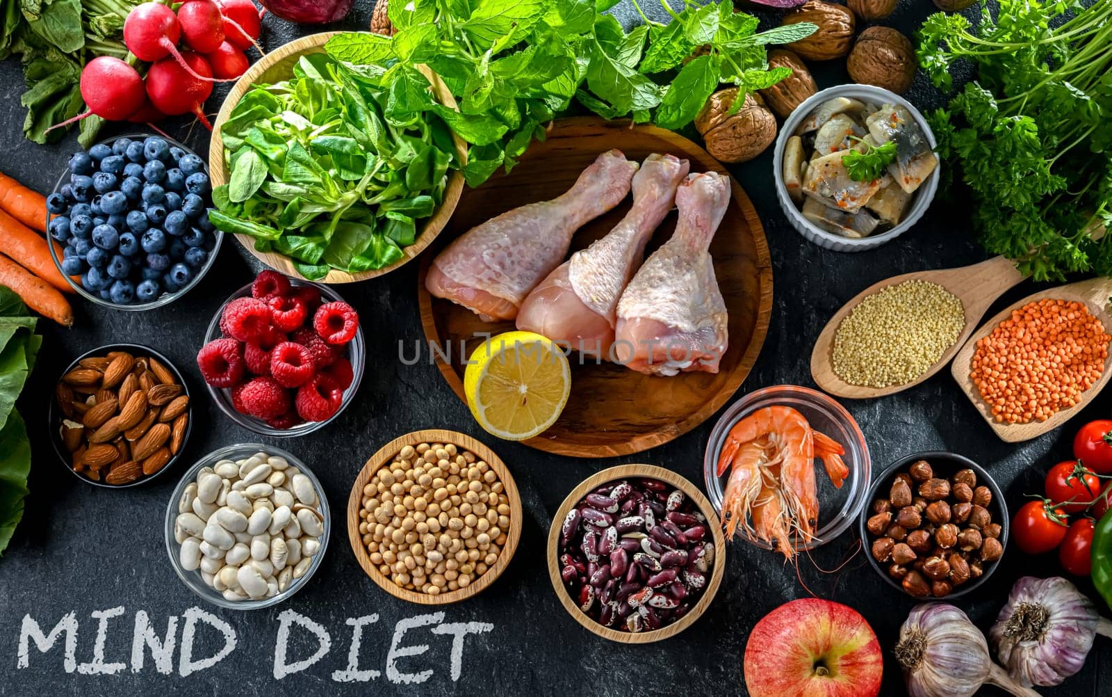 Food products representing the MIND diet created to reduce dementia and the decline in brain health. Mediterranean-DASH Intervention for Neurodegenerative Delay
