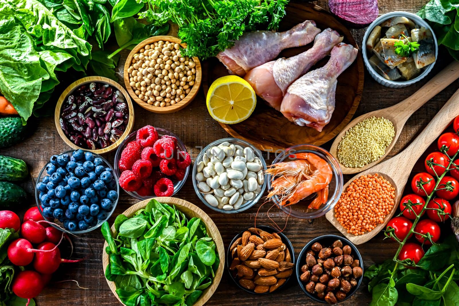 Food products representing the MIND diet created to reduce dementia and the decline in brain health. Mediterranean-DASH Intervention for Neurodegenerative Delay