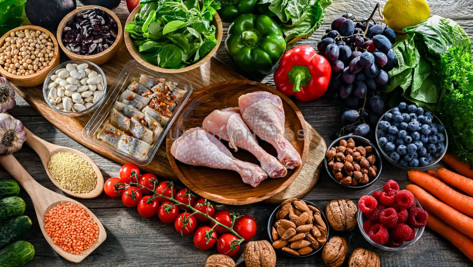 Food products representing the MIND diet created to reduce dementia and the decline in brain health. Mediterranean-DASH Intervention for Neurodegenerative Delay