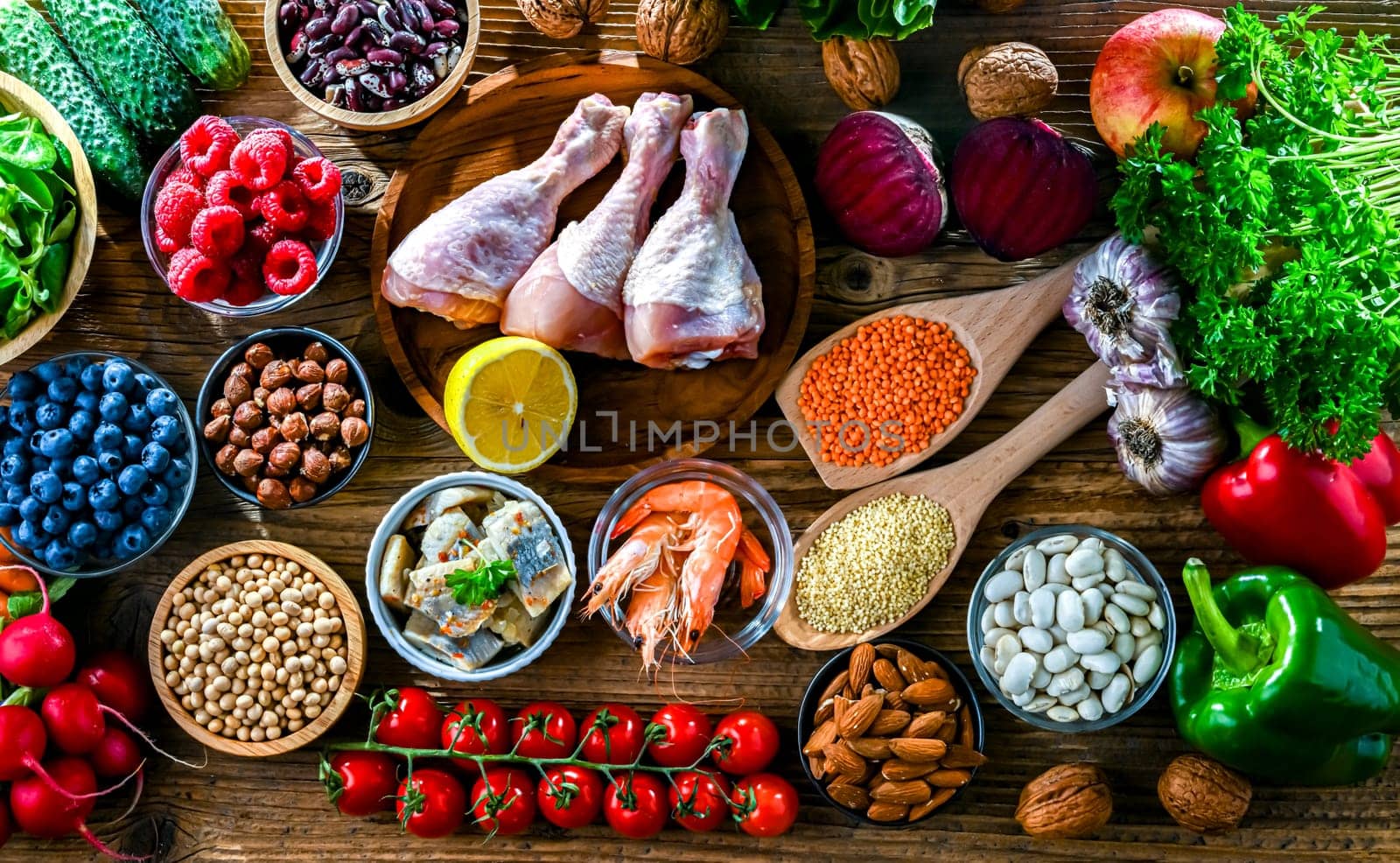 Food products representing the MIND diet created to reduce dementia and the decline in brain health. Mediterranean-DASH Intervention for Neurodegenerative Delay