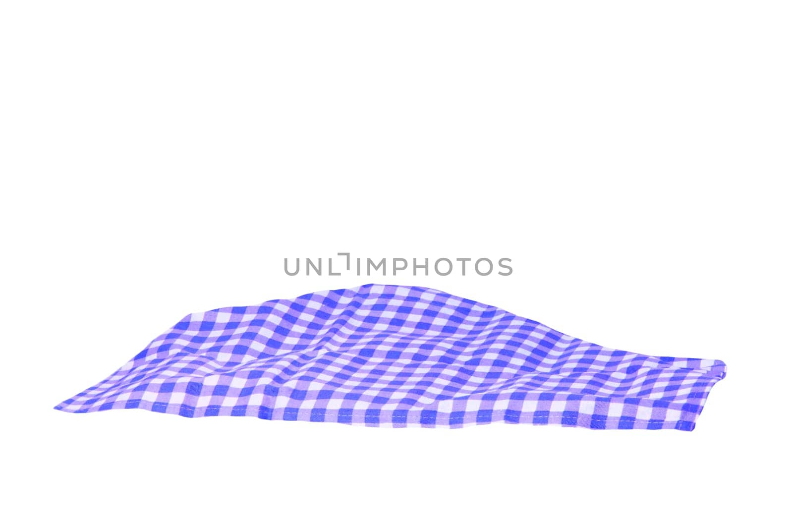Closeup of a blue and white checkered napkin or tablecloth texture isolated on white background. Clipping path. Kitchen accessories. Top view.