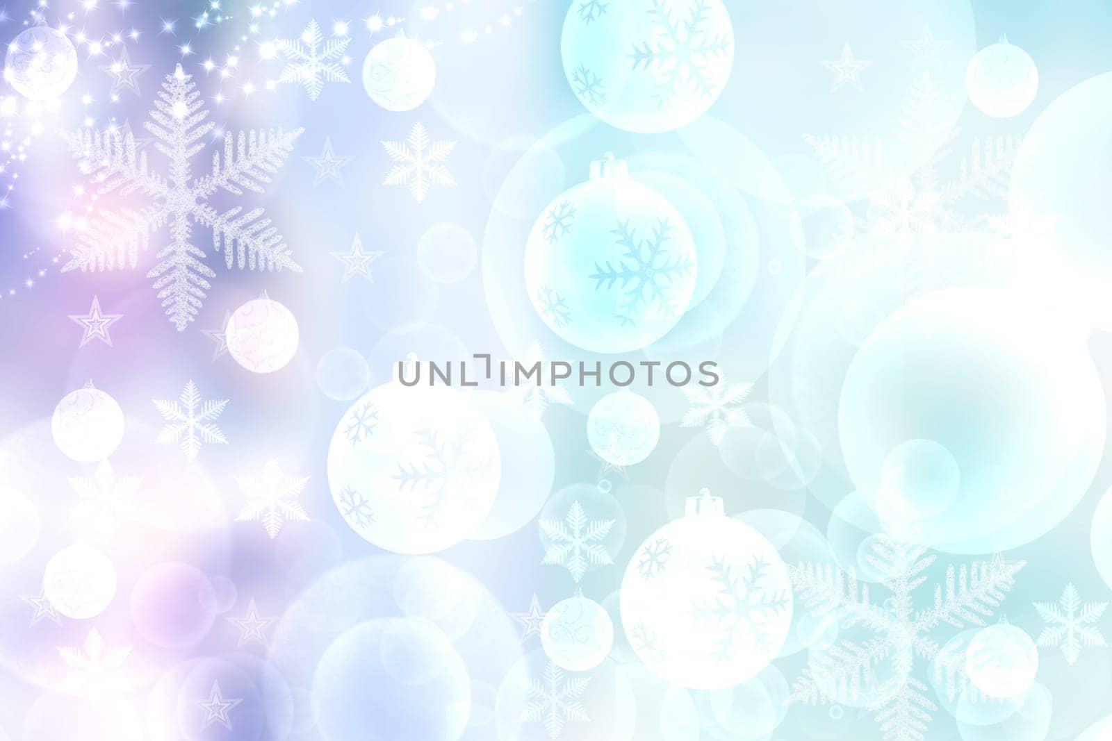 Abstract blurred festive winter christmas or Happy New Year background with shiny pink and green bokeh lighted xmas balls and stars. Space for your design. Card concept.