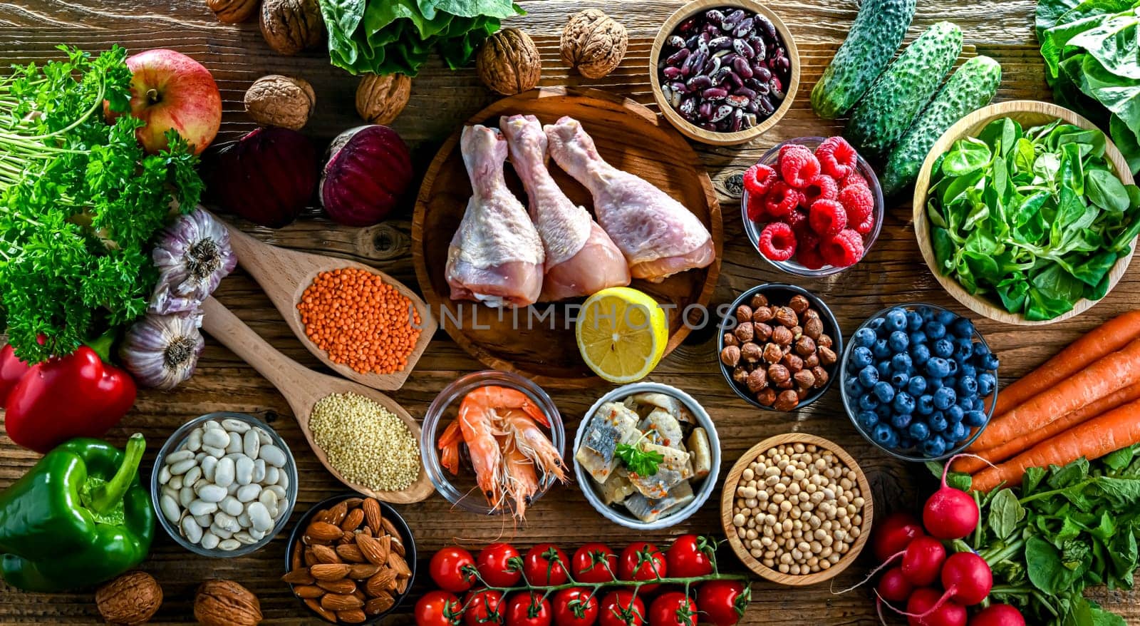 Food products representing the MIND diet created to reduce dementia and the decline in brain health. Mediterranean-DASH Intervention for Neurodegenerative Delay