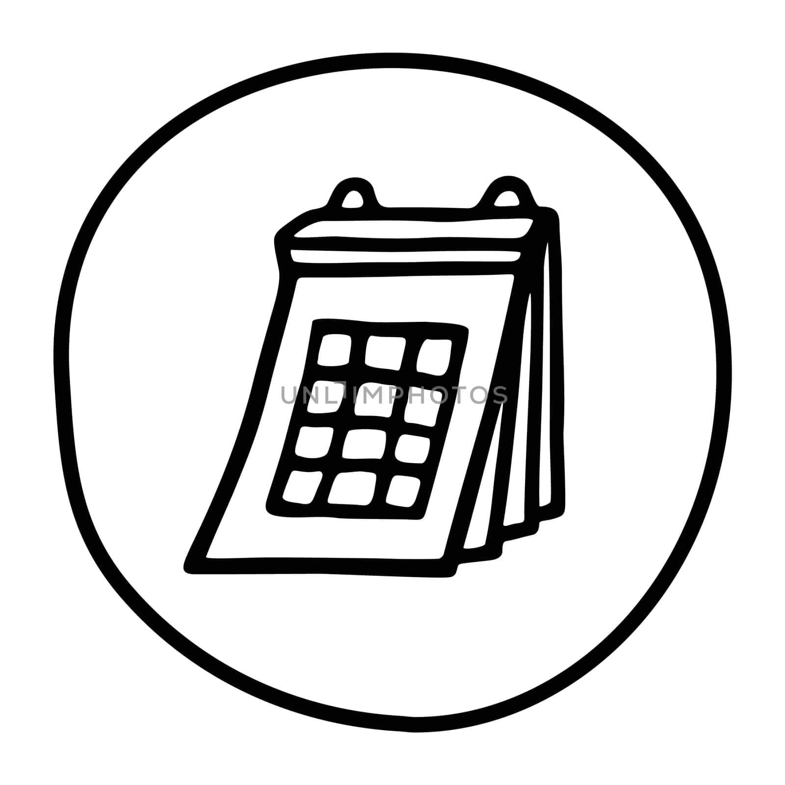 Doodle calendar schedule icon or logo, hand drawn with thin black line. Isolated on white background. Vector illustration