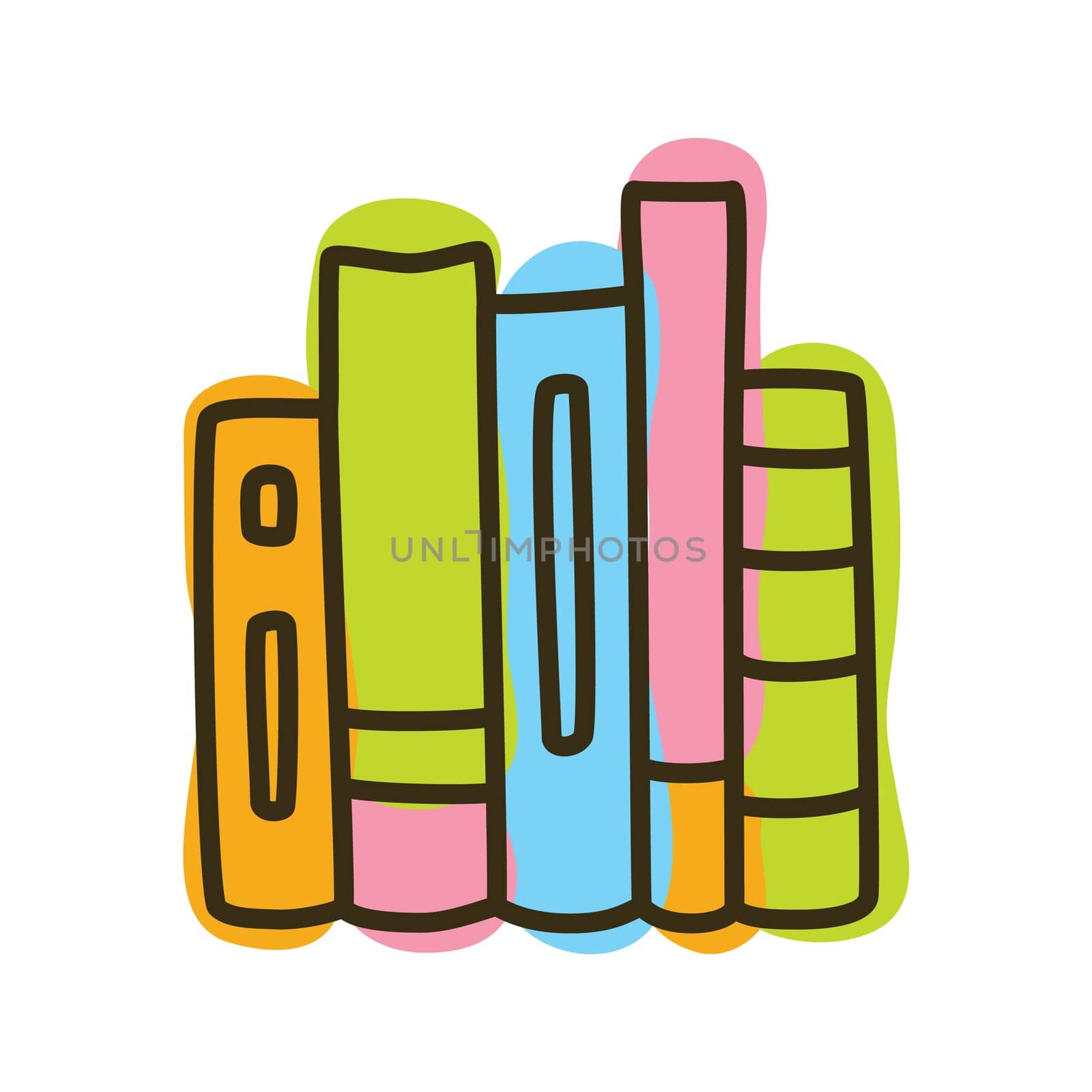 Doodle books shelf icon handdrawn with thin line and colored with colorful blobs. Hardcover literature symbol isolated on white background. Vector illustration