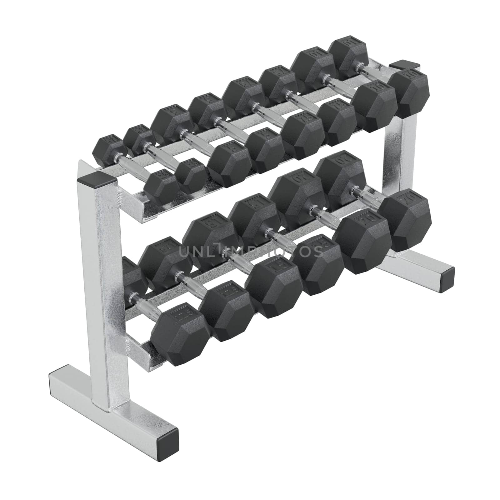 Gym Dumbbell rack, a stand for weightlifting gym equipment with different size and weight dumbbells, isolated on white background. 3D illustration