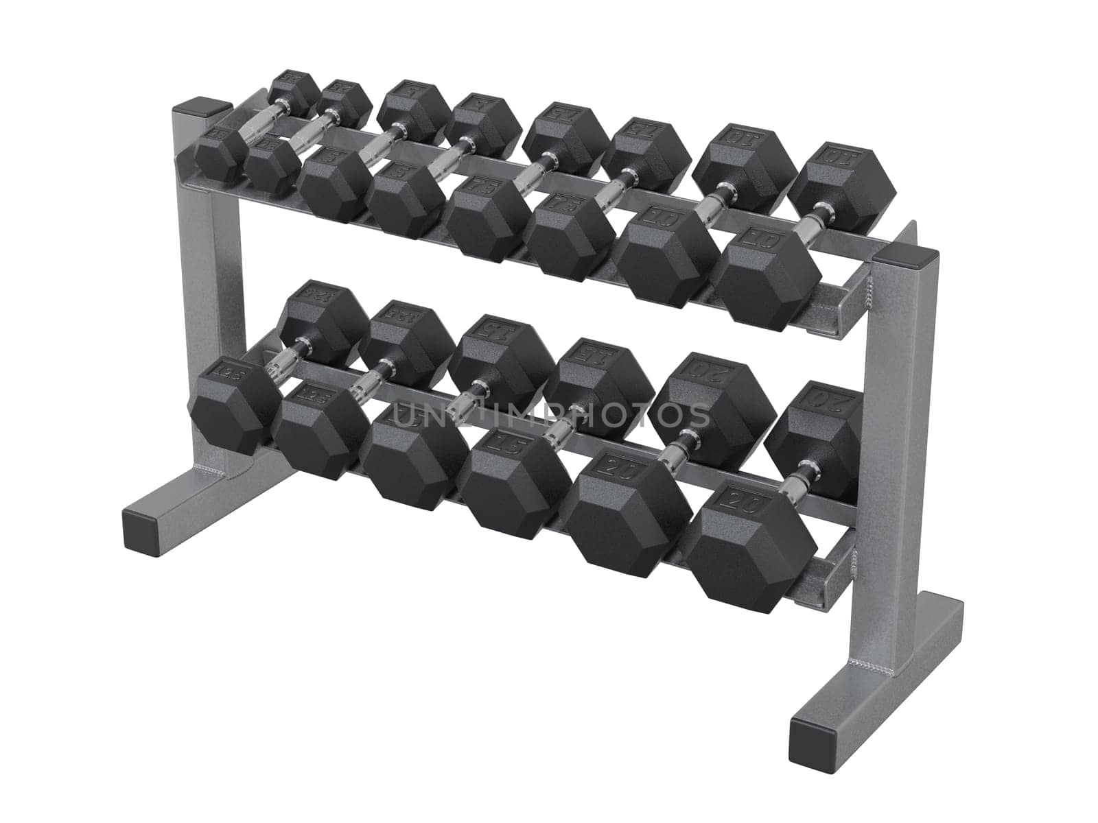 Gym Dumbbell rack, a stand for weightlifting gym equipment with different size and weight dumbbells, isolated on white background. 3D illustration