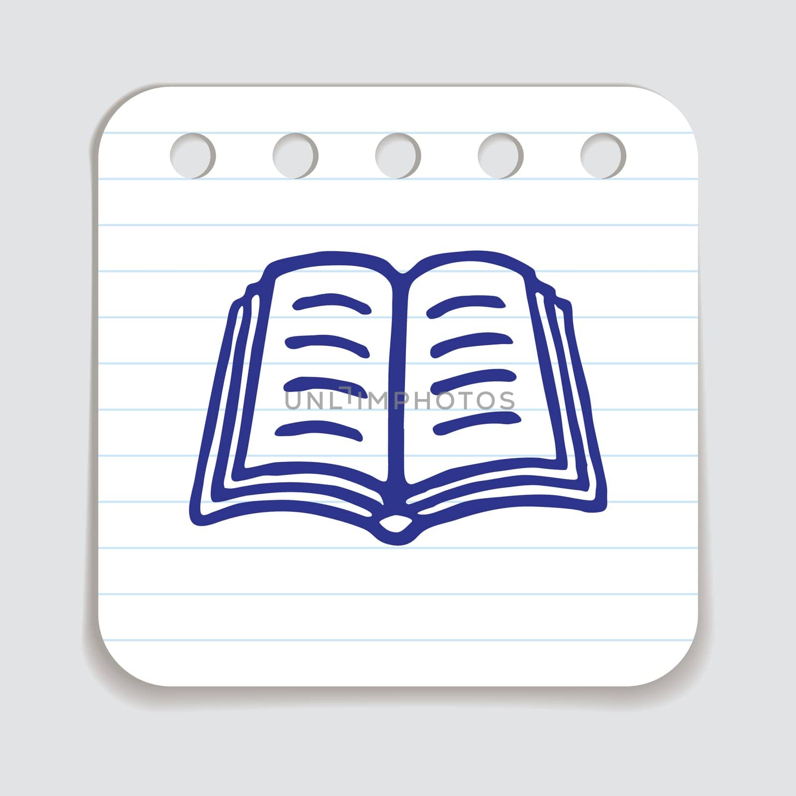 Doodle book icon handdrawn with blue pen on a notepaper. Knowledge and education symbol painted in grunge style. Vector illustration isolated on white background