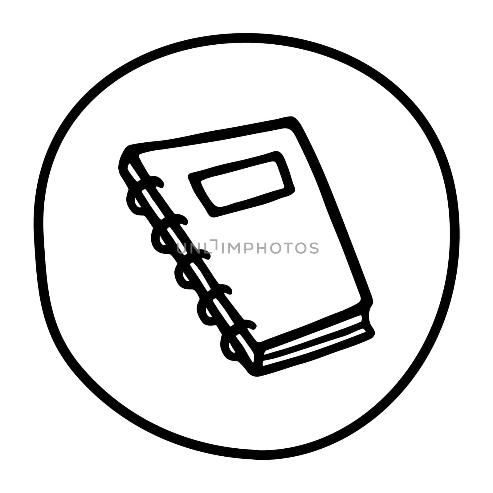 Doodle book or notebook icon, handdrawn with pen. Knowledge and education symbol painted in grunge freehand style. Vector illustration isolated on white background