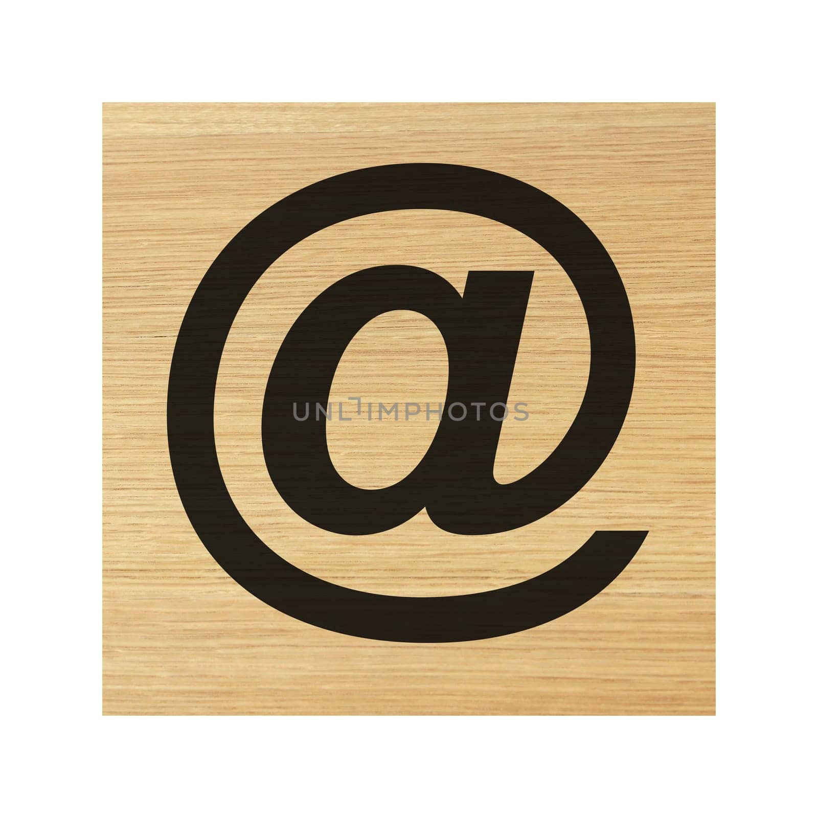 An at sign wood block and on white with clipping path