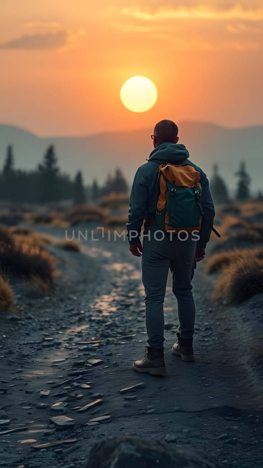 A lone hiker stands on a mountainous path, gazing at the vibrant sunset. The golden sun casts a warm glow, illuminating the serene landscape filled with distant hills and rocky terrain.
