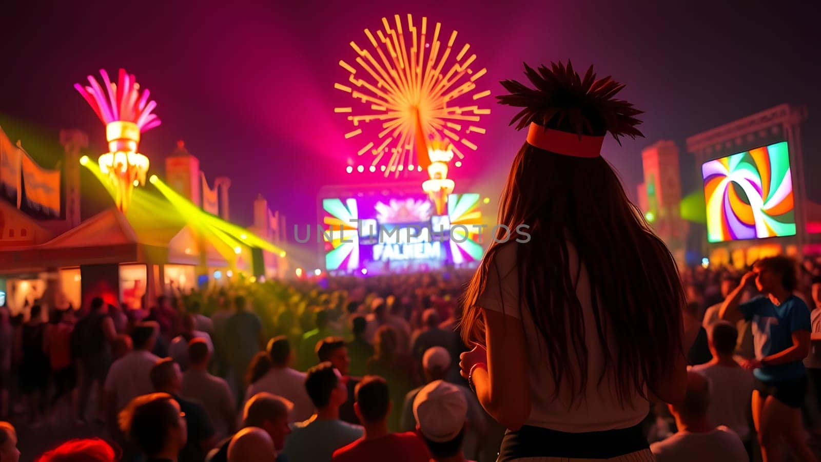 A large crowd gathers at a lively festival, enjoying a spectacular display of fireworks and colorful lights as the night sky erupts with energy and excitement.