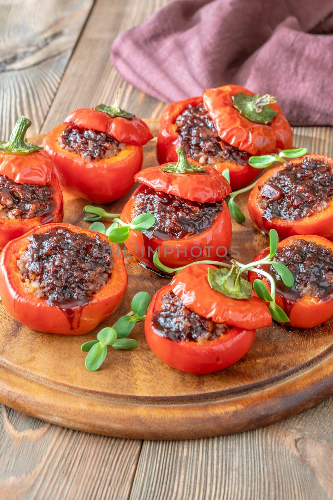 Red bell peppers stuffed with ground beef