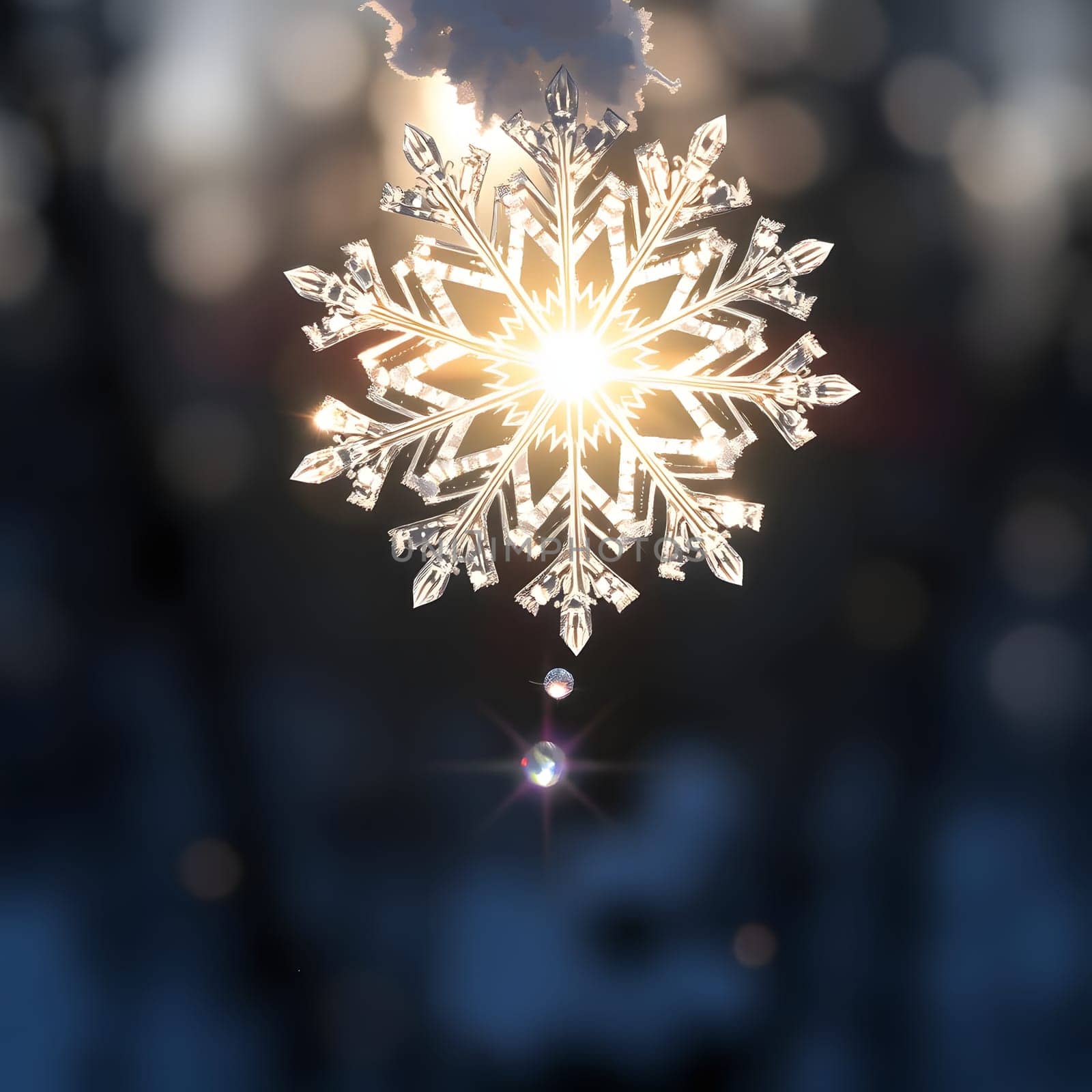 A crystal-clear snowflake hangs in the air, reflecting sunlight amidst a blurred winter background. The play of light creates a stunning visual effect in the late afternoon.