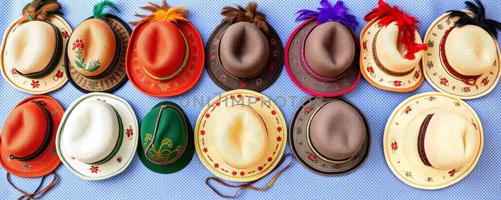 A collection of colorful, traditional hats is arranged neatly on a blue background. Each hat features unique designs and embellishments, showcasing cultural artistry.