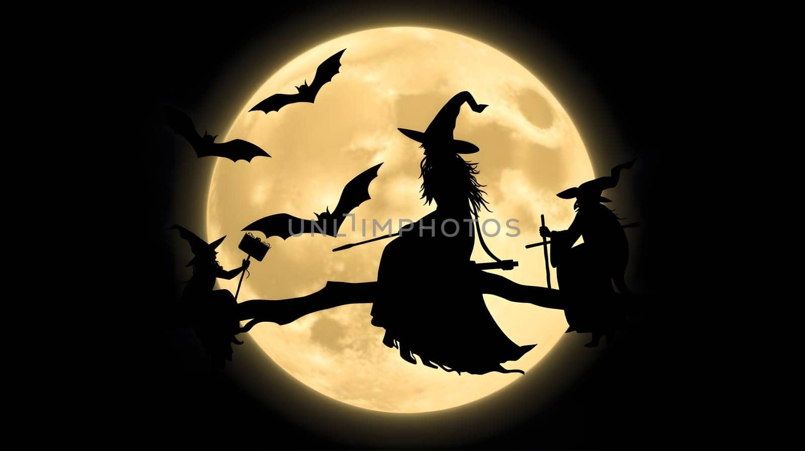 Two witches in silhouette sit on a branch, surrounded by bats, against the backdrop of a glowing full moon at midnight. The scene evokes a mystical Halloween atmosphere.