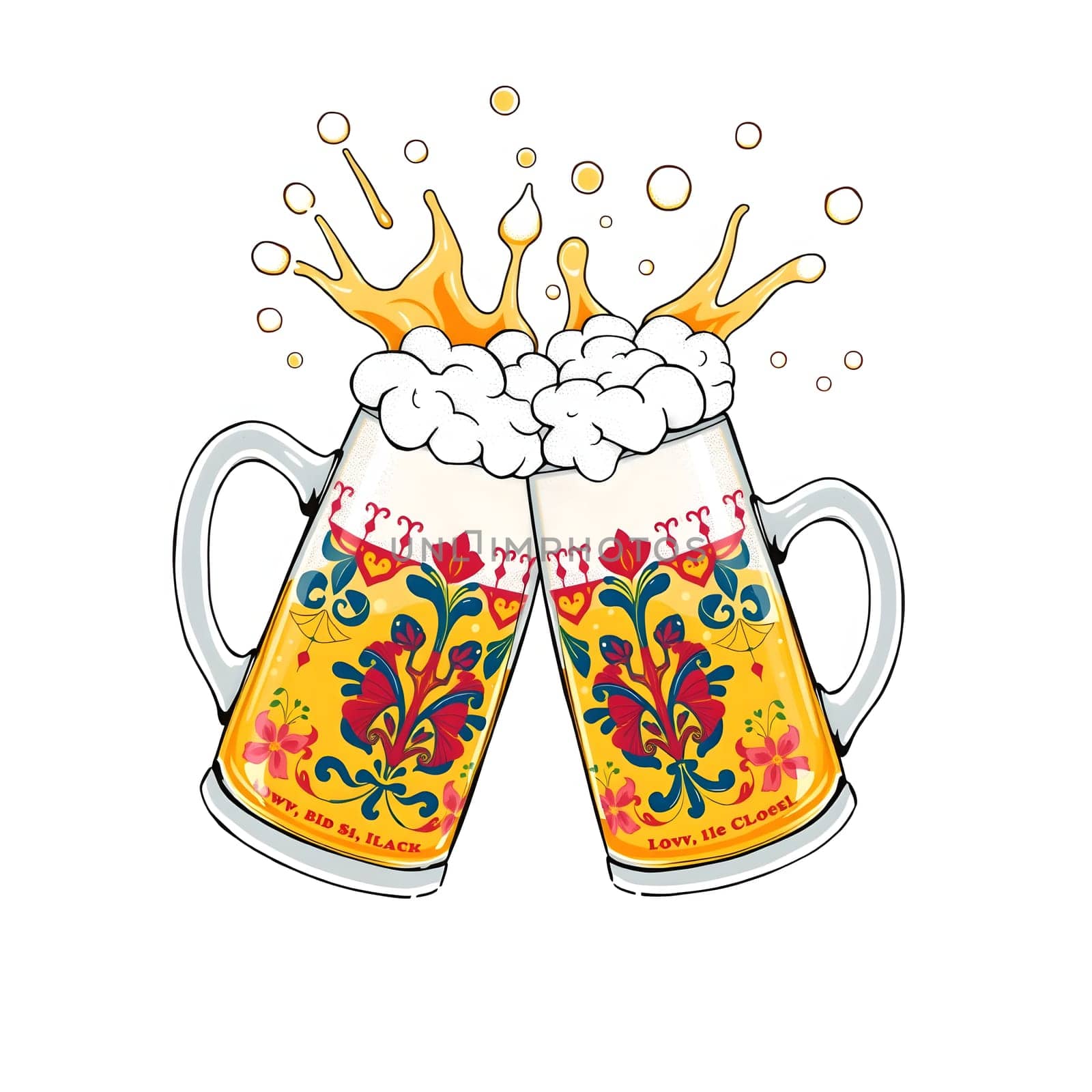 Two ornate beer mugs are clinking together, overflowing with frothy beer. The setting captures a festive atmosphere, perfect for friendly gatherings and joyful moments.