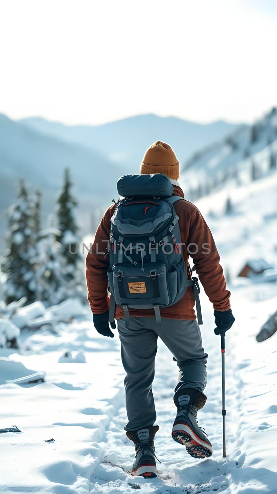 A hiker, equipped with a backpack and trekking pole, ascends a snow-covered mountain trail surrounded by tall trees. The scene captures the essence of winter adventure.