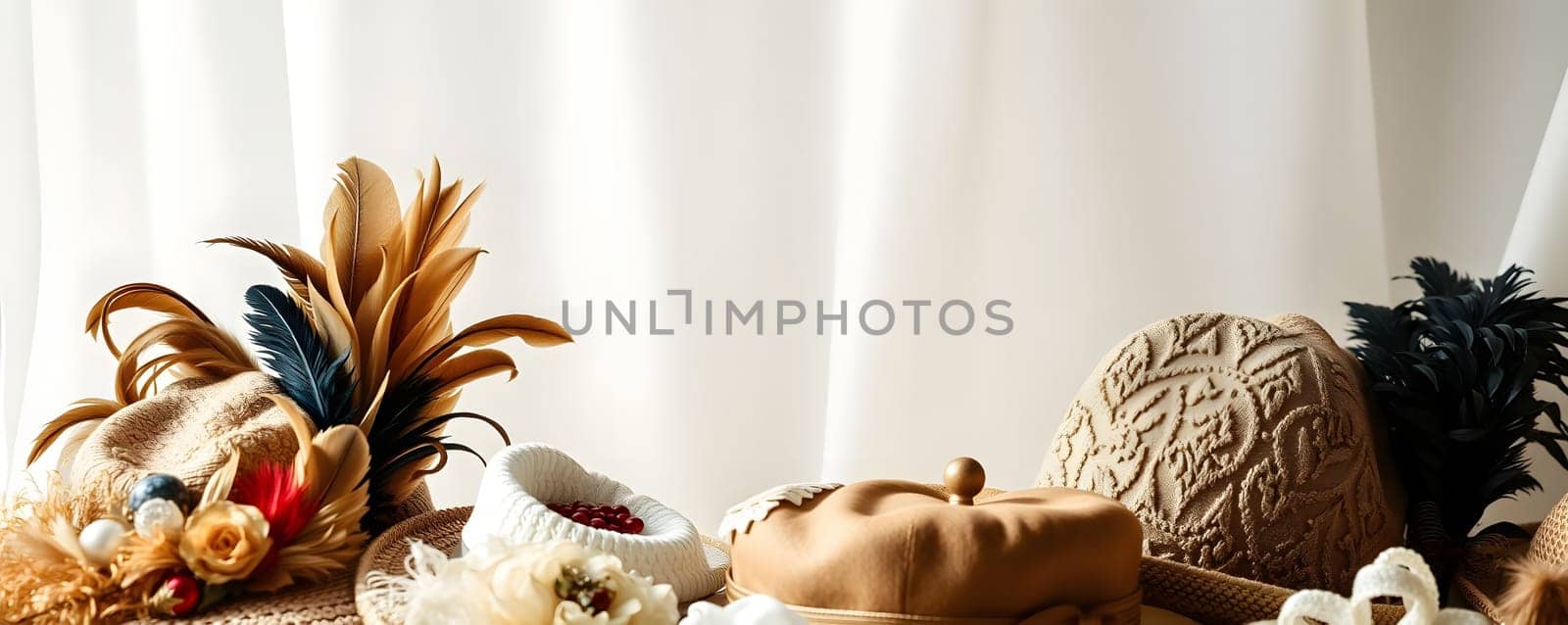 A collection of fashionable hats featuring various styles and textures is arranged neatly on a surface. The soft, light backdrop enhances their vivid colors and intricate designs, inviting admiration.