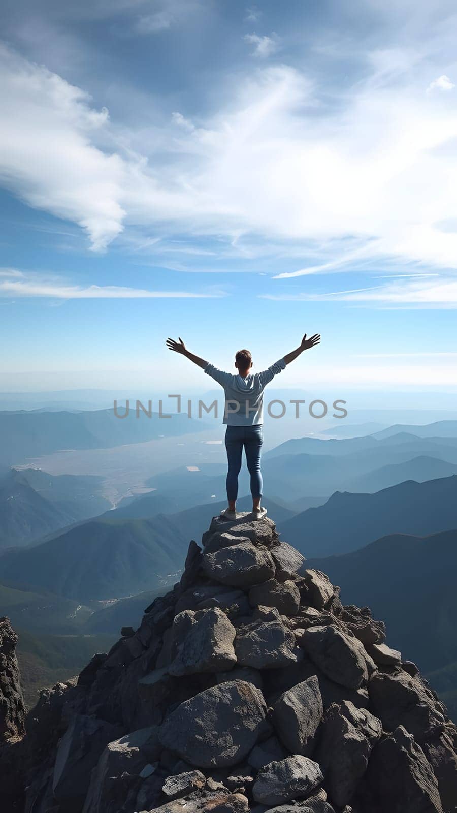 A person stands triumphantly on top of a rocky peak, arms raised in celebration, overlooking vast mountain ranges and a bright blue sky. The scene captures a moment of achievement and freedom.