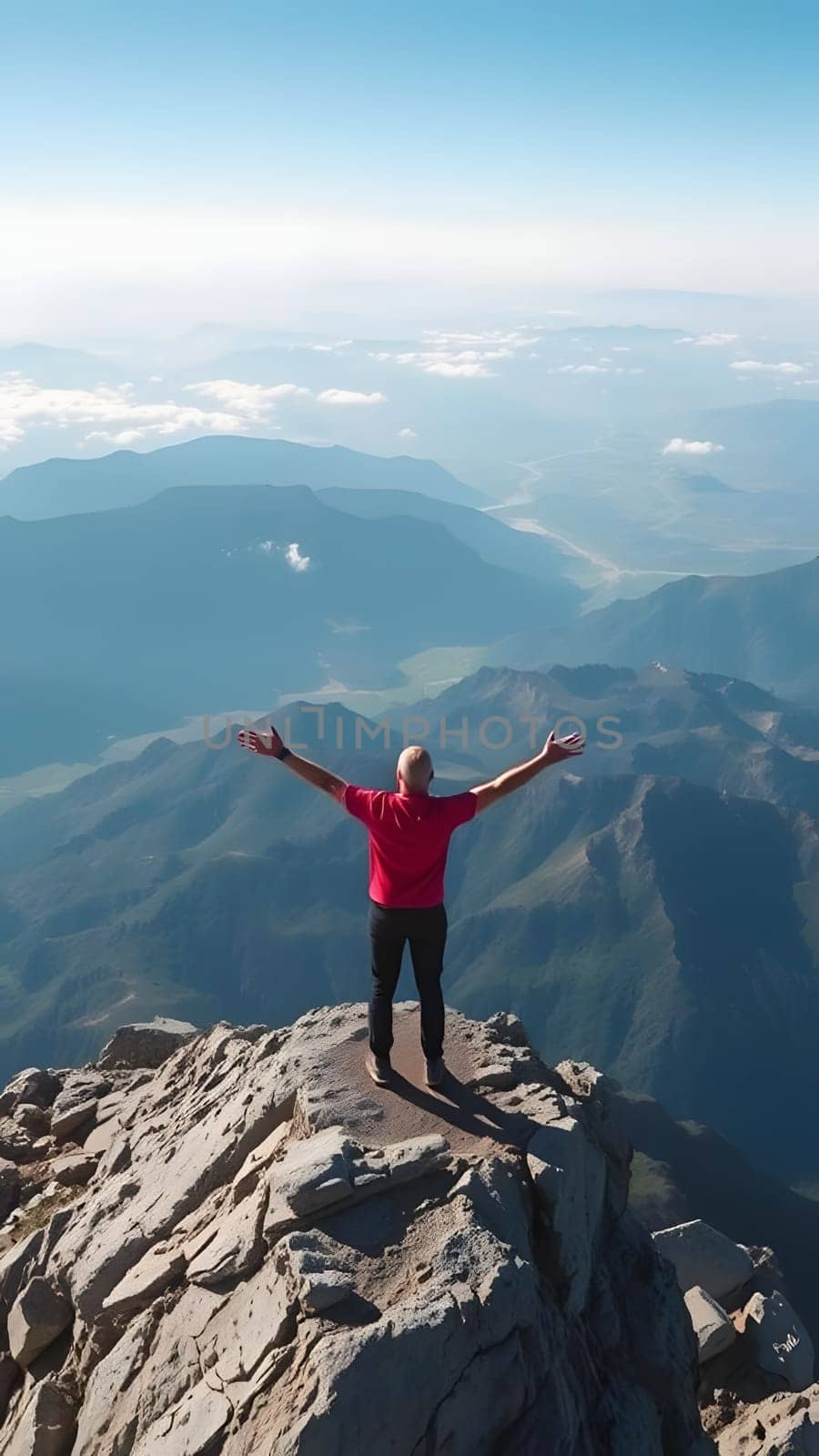 A proud hiker stands with arms outstretched at the summit of a mountain, overlooking expansive valleys and distant peaks under a bright blue sky. The scene captures the essence of adventure.