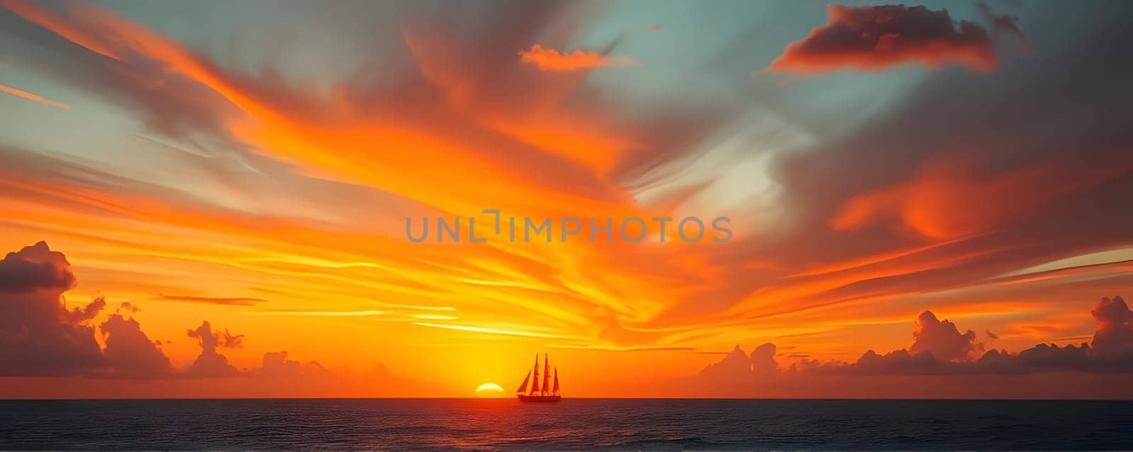 A majestic ship sails across the calm ocean as the sun sets, painting the horizon with warm orange and pink hues. The sky is filled with dramatic clouds, enhancing the serene atmosphere.
