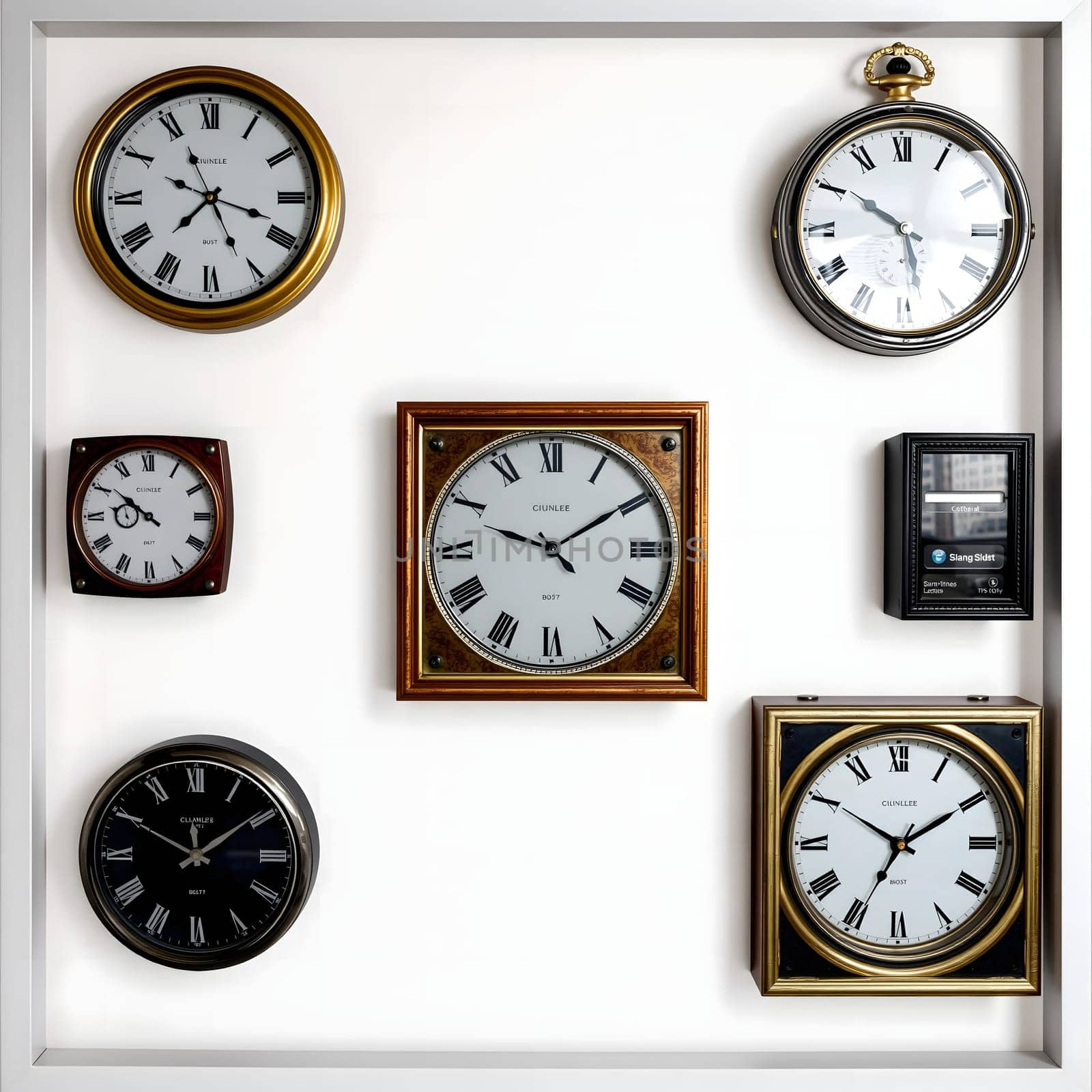 Various vintage clocks with Roman numerals are arranged on a white wall, showcasing different styles and sizes, adding a charming touch to the cozy atmosphere of the space.