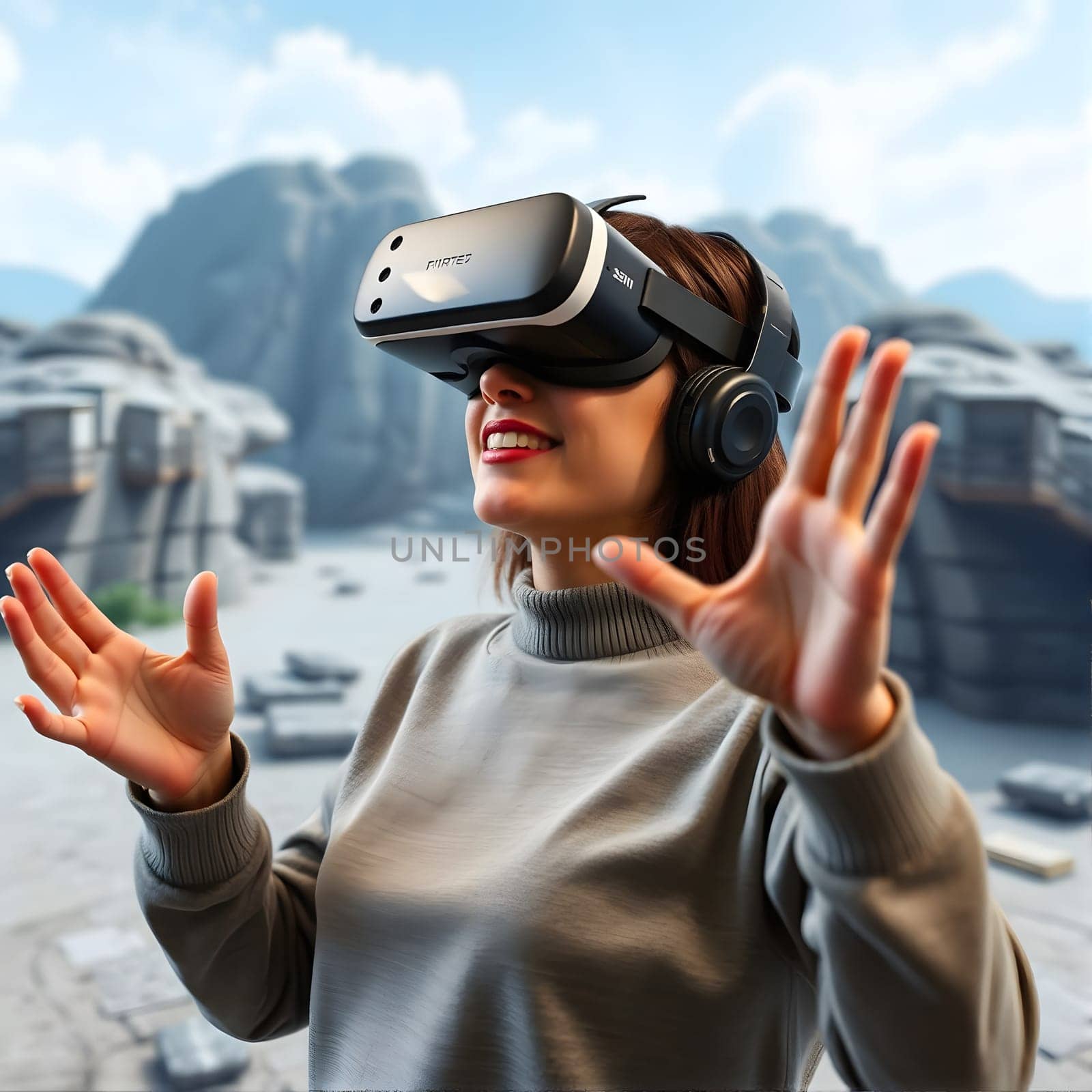 A woman wearing a virtual reality headset is joyfully interacting with a vibrant, immersive landscape. Her hands are outstretched as she explores a captivating digital environment.