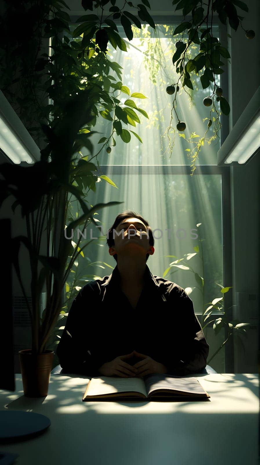 A person sits quietly at a table, eyes closed, in a tranquil room filled with plants. Sunlight streams through windows, creating a serene atmosphere for reflection and calmness.