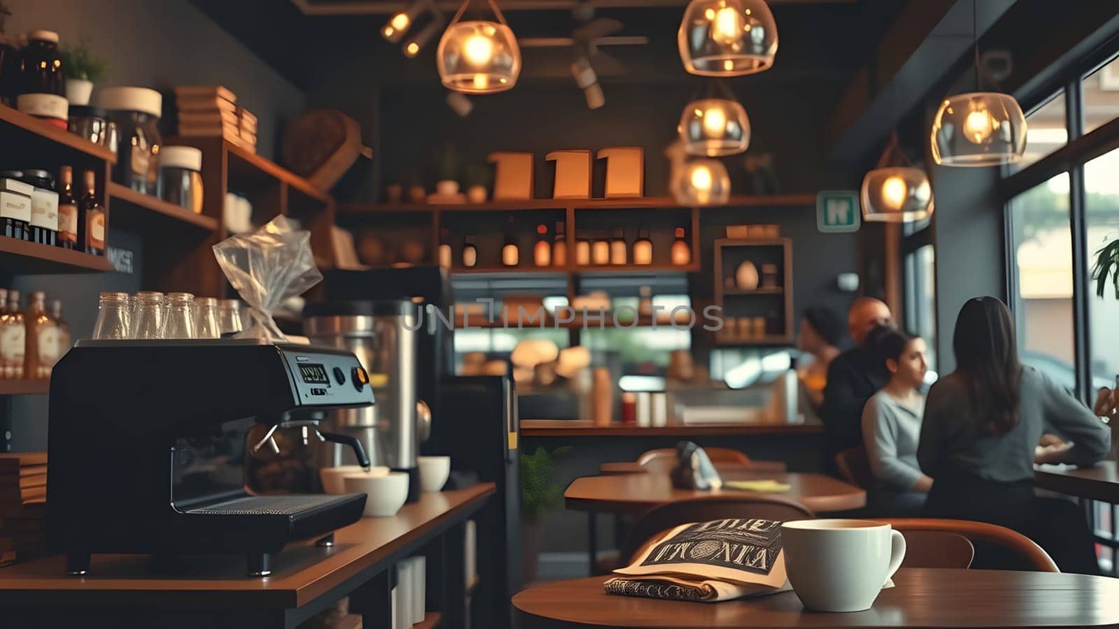 A welcoming coffee shop features wooden shelves filled with bottles and cups, ambient lighting, and customers engaged in conversation while enjoying beverages during the afternoon.