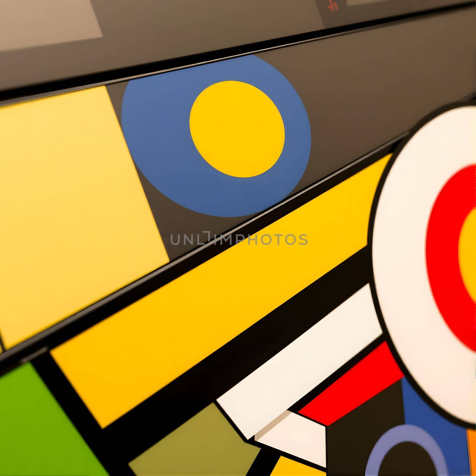 Brightly colored geometric shapes intersect and overlap in a contemporary art gallery, showcasing vibrant artwork against a simple backdrop of smooth lines and forms.