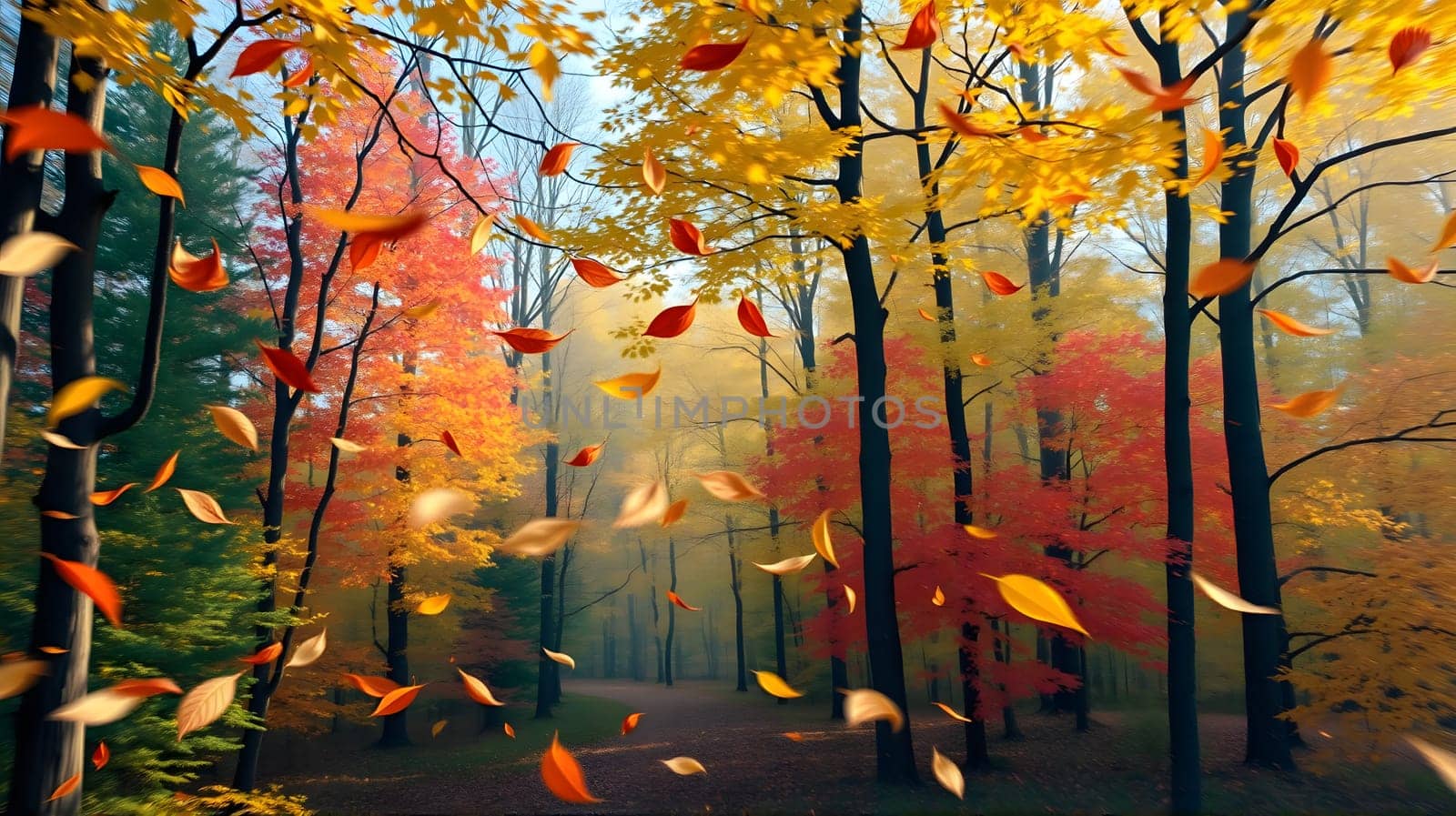 A tranquil forest path is lined with trees adorned in vibrant autumn leaves. As the sun sets, golden and red leaves gently fall, creating a picturesque scene of seasonal change.