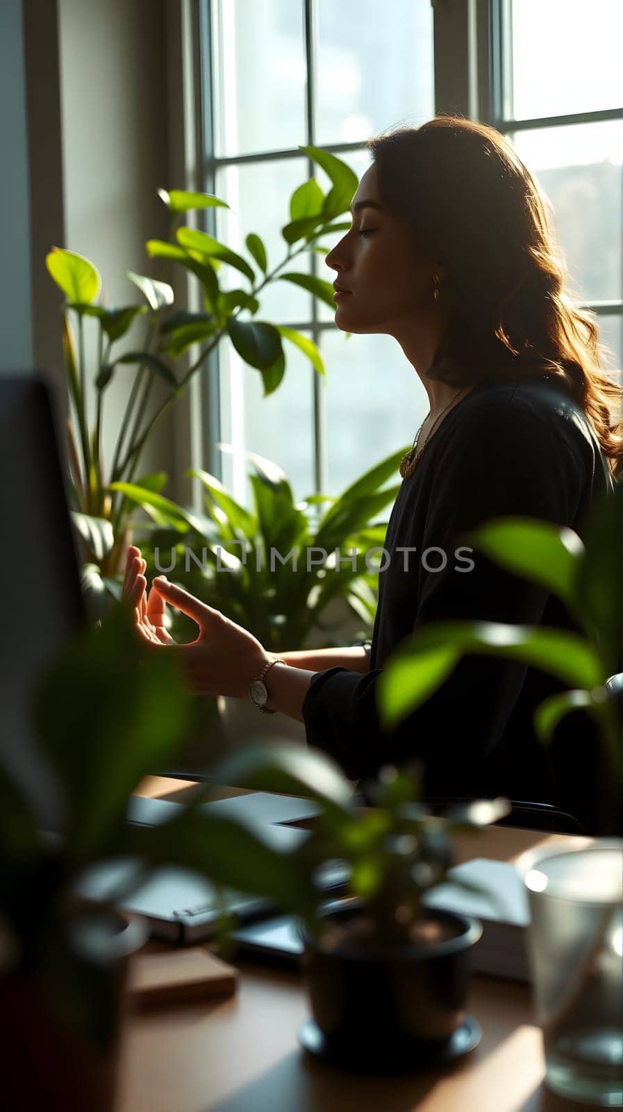 A person practices meditation in a serene workspace filled with lush indoor plants, enjoying the tranquility of natural light filtering through large windows.