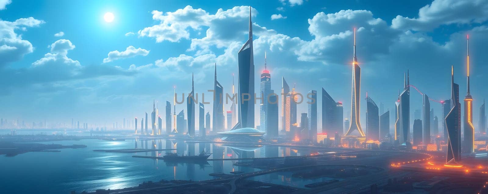 A sprawling futuristic city boasts tall skyscrapers with shining lights, set against a vibrant sky. The calm waterfront reflects the architectural marvels as the day transitions into twilight.
