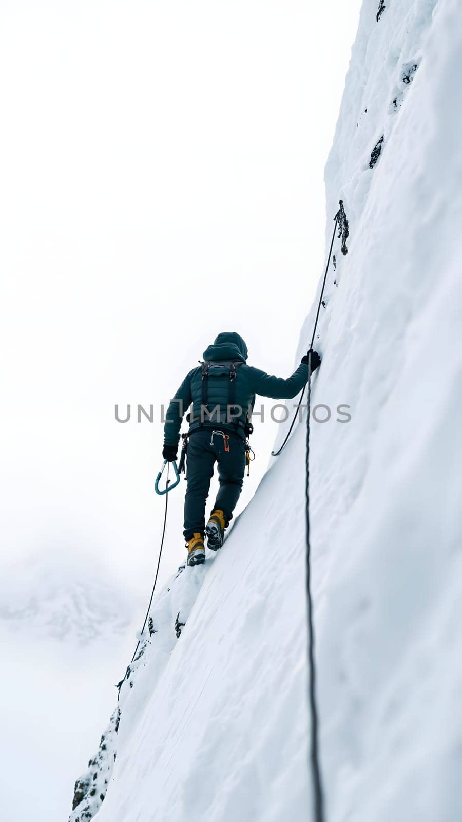 A climber expertly navigates a steep, snow-covered slope, using safety gear and harnesses. The backdrop features a remote, rugged mountain landscape under cloudy skies.
