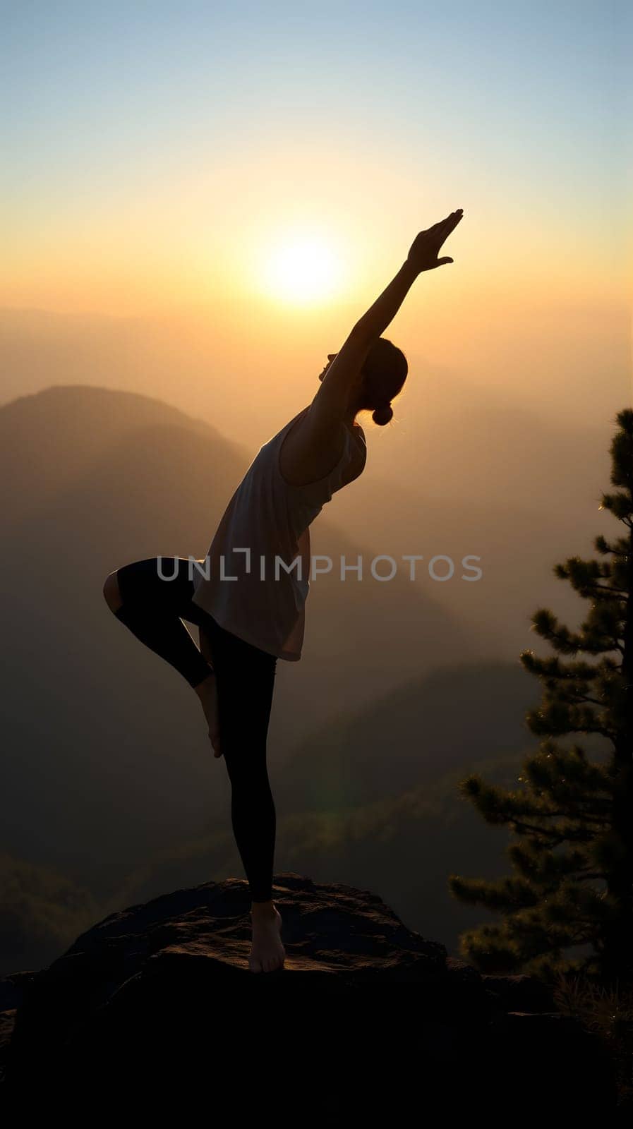 A person stands in a yoga pose atop a mountain, with arms stretched towards the sky. The vibrant sunset casts a warm glow over the landscape, creating a serene atmosphere.