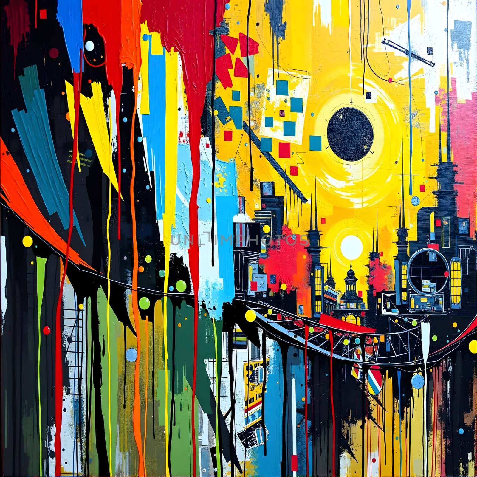 A dynamic abstract depiction of a city at sunset, featuring bold colors and striking shapes. Tall buildings silhouette against a bright yellow and orange sky, creating an energetic atmosphere.