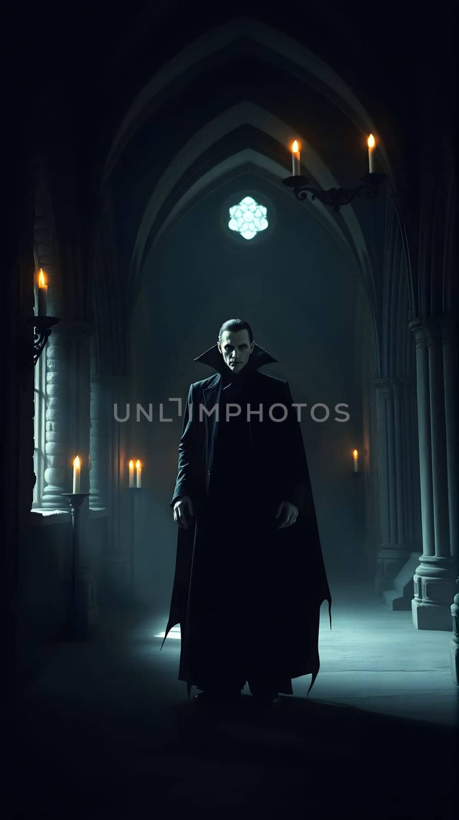 A shadowy figure dressed in a long cloak stands in a dimly lit cathedral. Candlelight flickers around, creating a haunting atmosphere in the tranquil night.