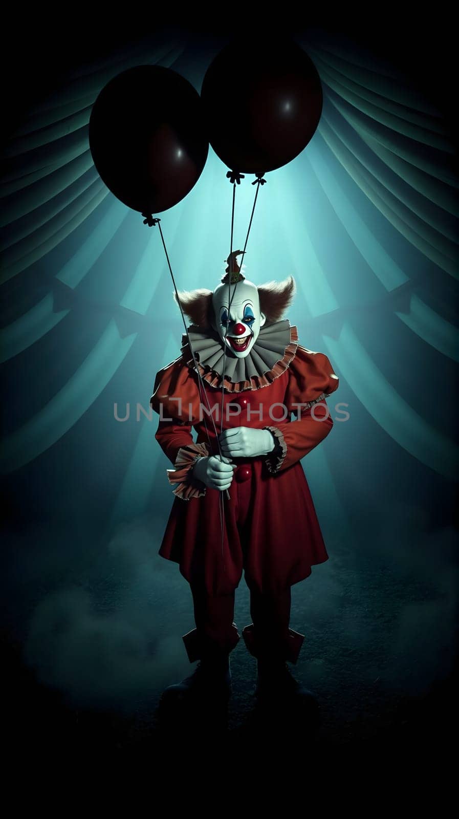 A clown dressed in a bright red costume stands alone, clutching two black balloons. The ominous lighting creates a mysterious atmosphere, enhancing the eerie vibe around the character.