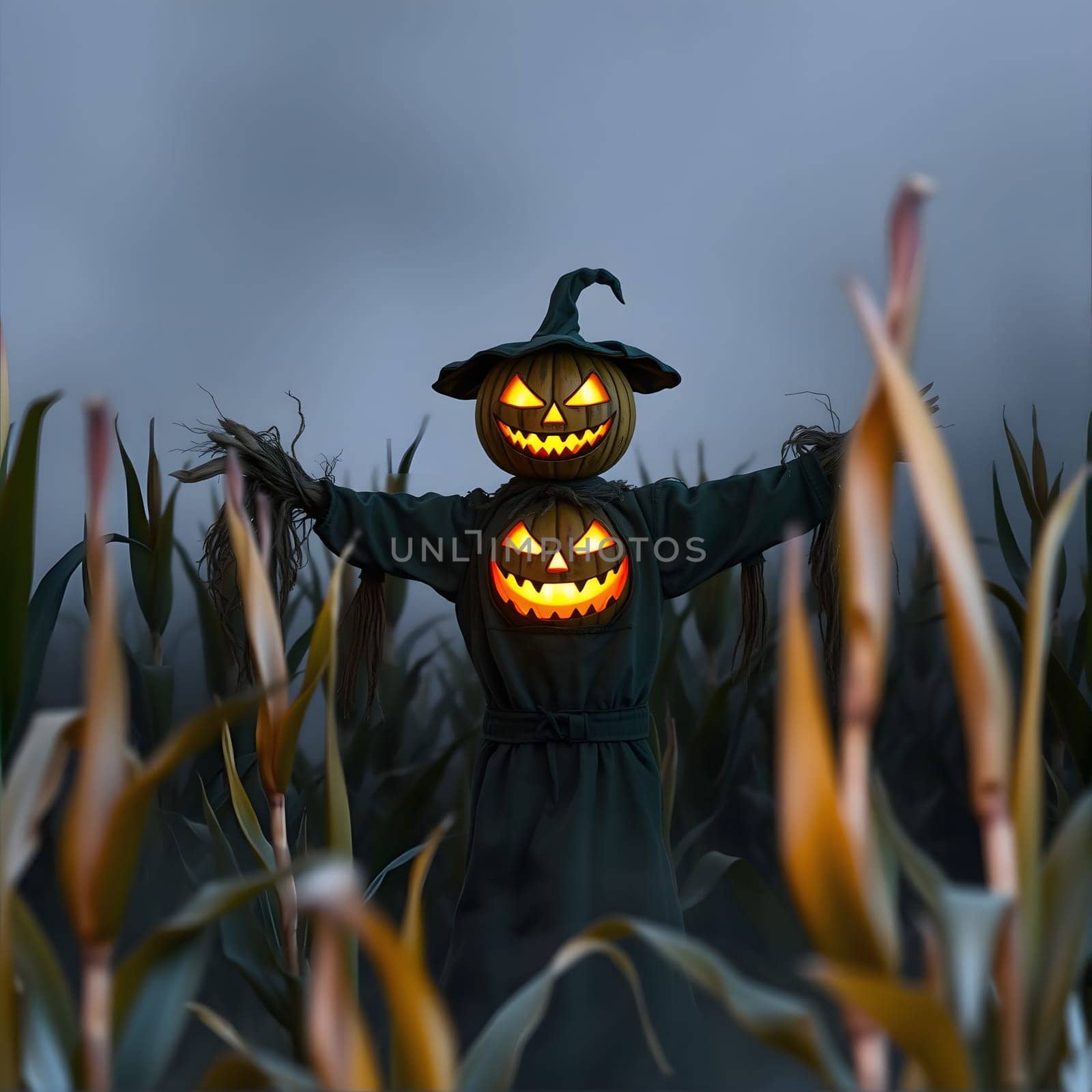 A scarecrow adorned with two glowing pumpkin heads looms in a foggy cornfield during twilight. The eerie atmosphere adds a haunting charm to the autumn setting.